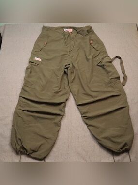 UFO Parachute Pants Mens Large Green Wide Leg Tactical Cargo Y2K Streetwear